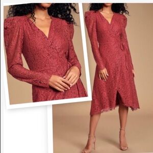 Ali & Jay Hollywood Heights Midi Lace Wrap Dress with Puff Sleeves, Rose, S, NWT